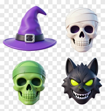Halloween Skull Collection With Witch Hat PNG