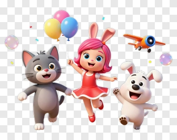 Cartoon Children And Animals Celebrating With Balloons PNG