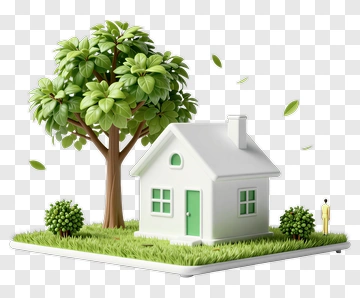 3D House Surrounded By Trees And Grass PNG