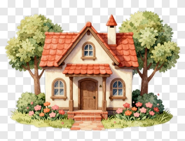 Charming Cottage Surrounded By Trees And Flowers PNG