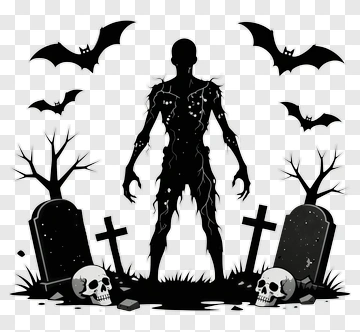 Zombie Silhouette Surrounded By Gravestones And Bats PNG