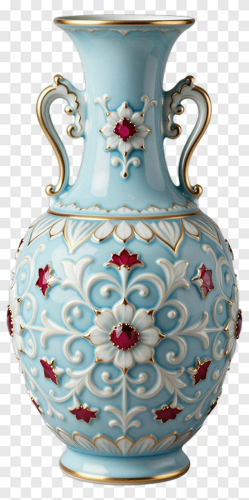 Decorative Blue Floral Vase With Red Accents PNG