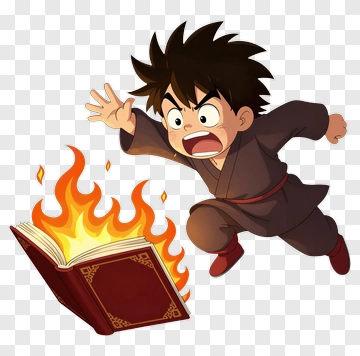 Cartoon Boy Running Away From A Burning Book PNG