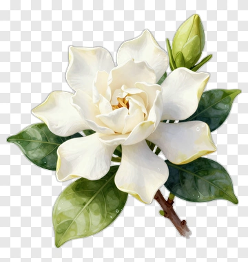 White Gardenia Flower With Green Leaves PNG