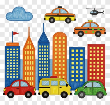 Colorful Cityscape With Cars And Helicopter PNG