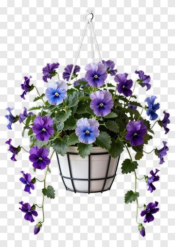 Hanging Flower Basket With Purple Pansies PNG