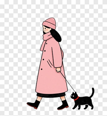 Woman Walking A Black Cat PNG