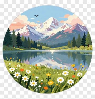 Mountain Landscape With Lake And Wildflowers PNG