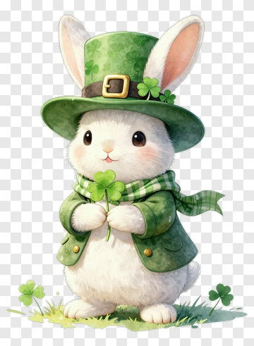Cartoon Rabbit Wearing A Green Hat And Holding A Clover PNG