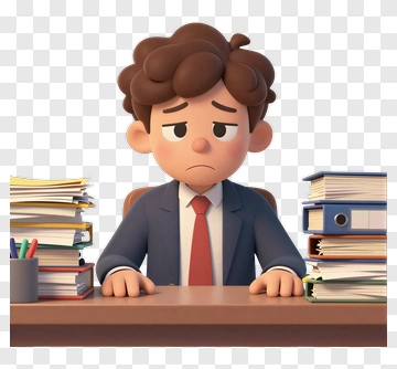 Cartoon Businessman Sitting At Desk With Stacks Of Papers PNG