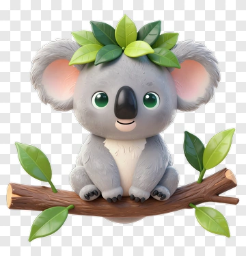 Cute Koala Sitting On A Branch With Leaves PNG
