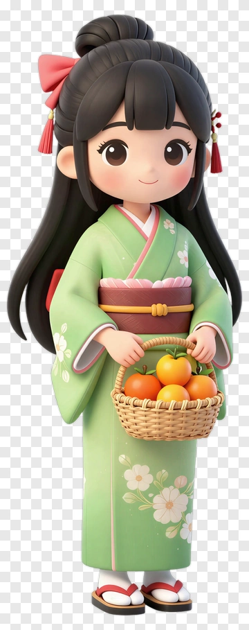 3D Girl Holding A Basket Of Oranges PNG
