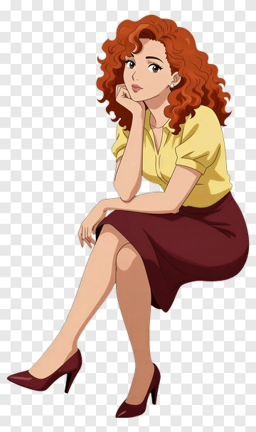 Cartoon Woman Sitting Thoughtfully PNG