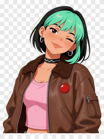 Cartoon Girl Winking In A Brown Jacket PNG