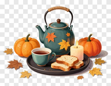Autumn Tea Set With Pumpkins And Bread PNG