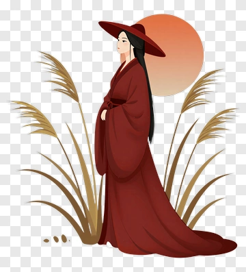 Woman In Red Kimono With Hat And Sun PNG