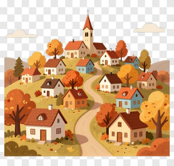 Colorful Autumn Village Landscape PNG