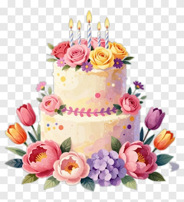 Birthday Cake Decorated With Flowers And Candles PNG