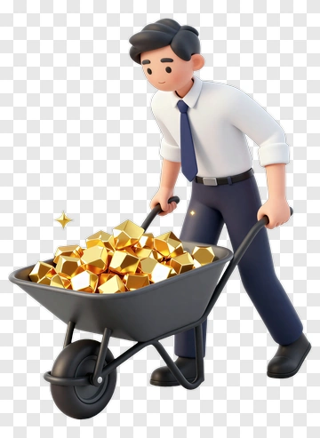 3D Businessman Pushing A Wheelbarrow Of Gold Bars PNG