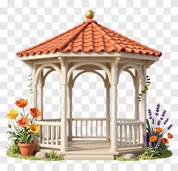 Garden Gazebo Surrounded By Colorful Flowers PNG