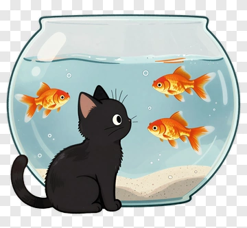 Cartoon Black Cat Looking At Goldfish In A Bowl PNG