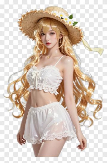 Woman In White Summer Outfit With Straw Hat PNG