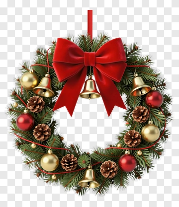 Christmas Wreath With Red Bow And Bells PNG