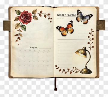 Vintage Weekly Planner With Butterflies And Rose PNG