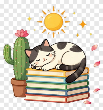 Cartoon Cat Sleeping On A Stack Of Books PNG