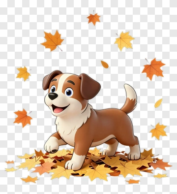 Cartoon Dog Playing In Autumn Leaves PNG