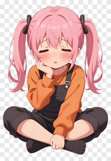 Chibi Girl Sitting Thoughtfully PNG