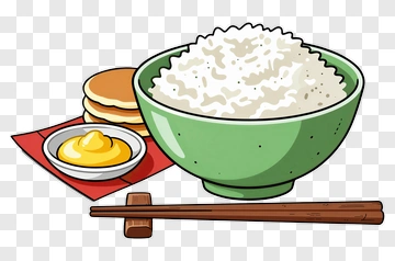 Bowl Of Rice With Pancakes And Mustard PNG
