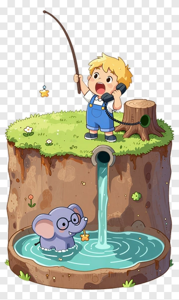 Child Fishing With A Toy Phone And An Elephant In Water PNG