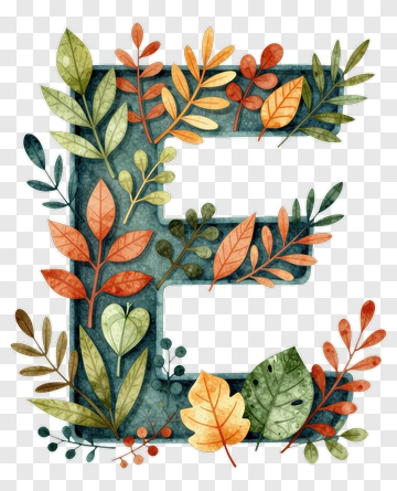 Decorative Letter E With Autumn Leaves PNG