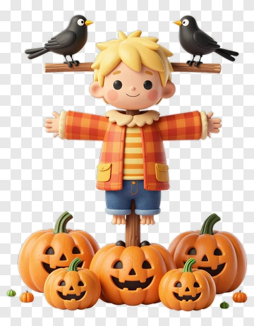 Cartoon Scarecrow Surrounded By Halloween Pumpkins PNG