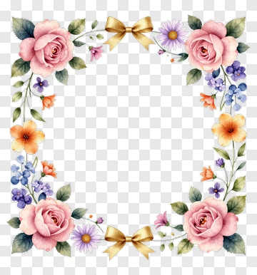 Floral Frame With Pink Roses And Colorful Flowers PNG