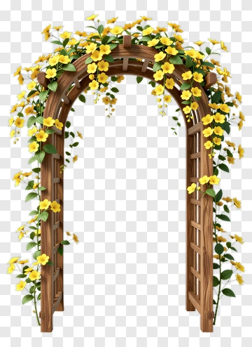 Wooden Garden Arch With Yellow Flowers PNG