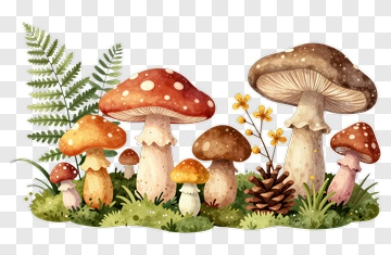 Colorful Mushroom Group In A Forest Setting PNG