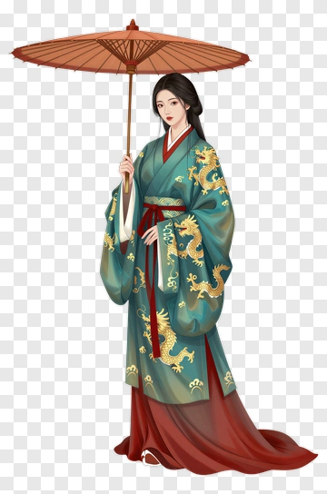 Woman In Traditional Kimono Holding A Parasol PNG