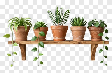 Potted Plants On A Wooden Shelf PNG
