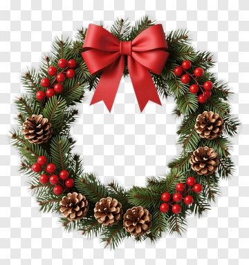 Christmas Wreath With Red Bow And Pine Cones PNG