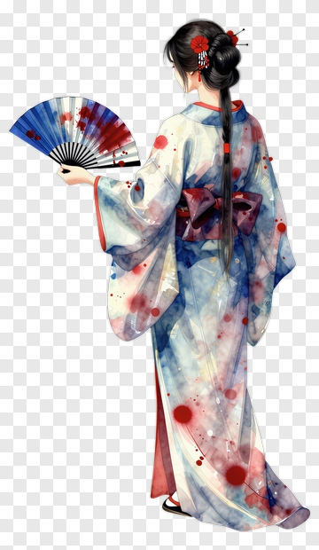 Woman In A Colorful Kimono Holding A Fan PNG