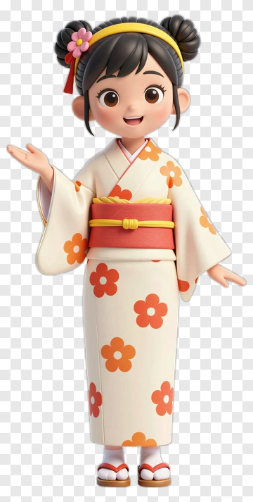 Cartoon Girl In Kimono With Flowers PNG