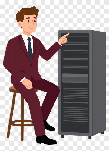 Businessman Sitting On A Stool Pointing At A Server PNG