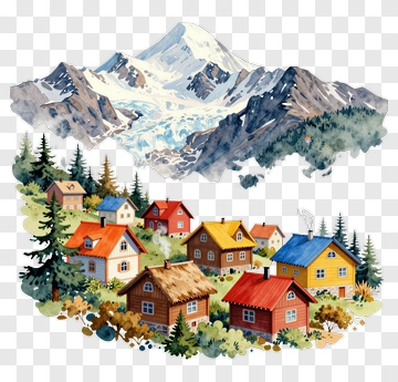 Colorful Mountain Village Landscape PNG