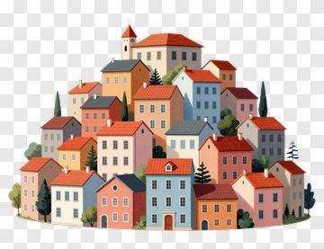 Colorful Village With Houses On A Hill PNG