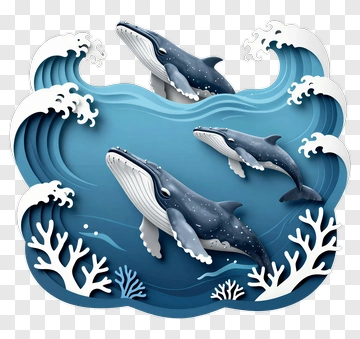 3D Whales Swimming In Ocean Waves PNG