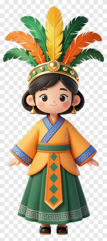 3D Girl Wearing Colorful Traditional Costume With Feathers PNG
