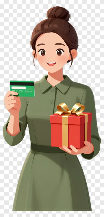 Happy Woman Holding A Gift Box And Credit Card PNG