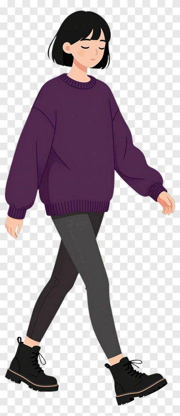 Cartoon Girl Walking In A Purple Sweater PNG
